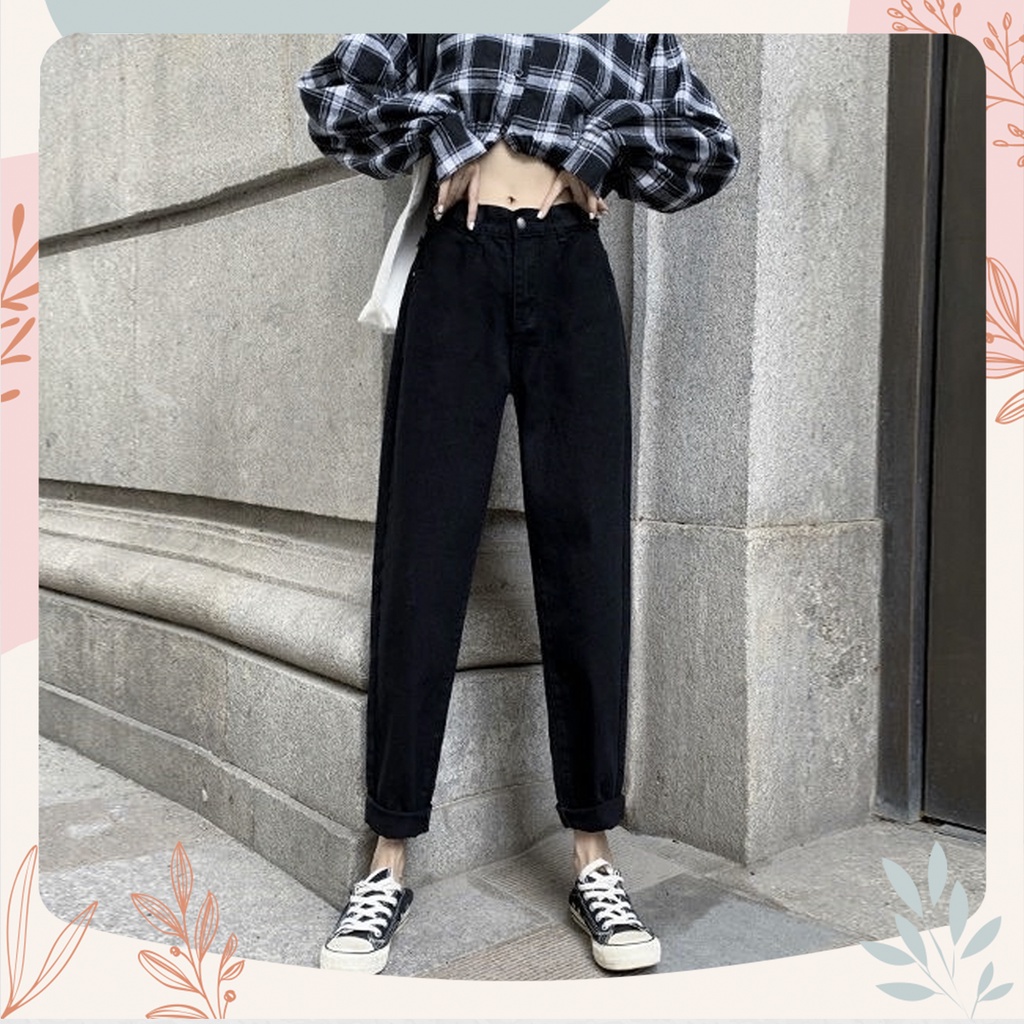 [Bigsize 54-88kg] Quần Baggy Jean Nữ Đen Trơn, Lưng Siêu Cao, Đứng Form, Không Giãn