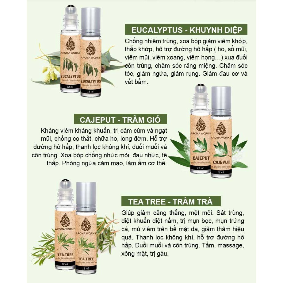 Chai Bi Lăn Tinh Dầu Khuynh Diệp Aroma Works Eucalyptus Essential Oil Roll On 12ml