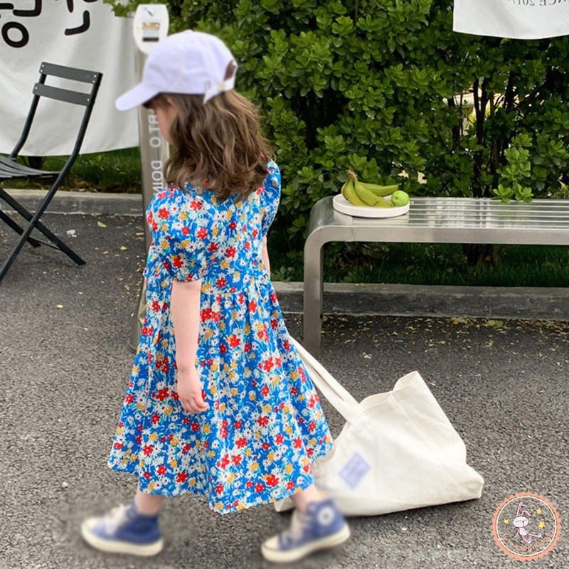 Đầm Công Chúa Tay Ngắn Phồng Cổ Chữ V In Họa Tiết Hoa Phong Cách Hàn Quốc Dành Cho Bé Gái
