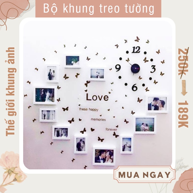 Khung ảnh bộ trang trí kèm đông hồ và decal love- tặng đinh không phải khoan tường