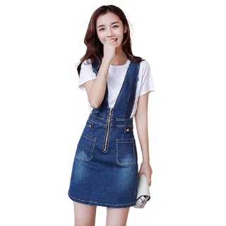 Váy yếm jean ngắn phối kéo