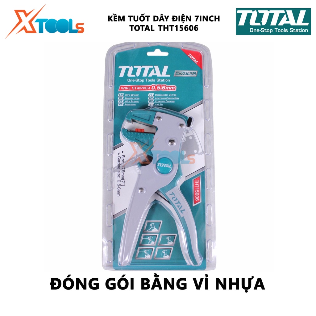 Kềm tuốt dây điện mỏ quạ TOTAL THT15606 Kìm tuốt dây Đường kính đầu tuốt 0.5mm~6mm Chất liệu 65Mn Kích thước 175*85mm bó