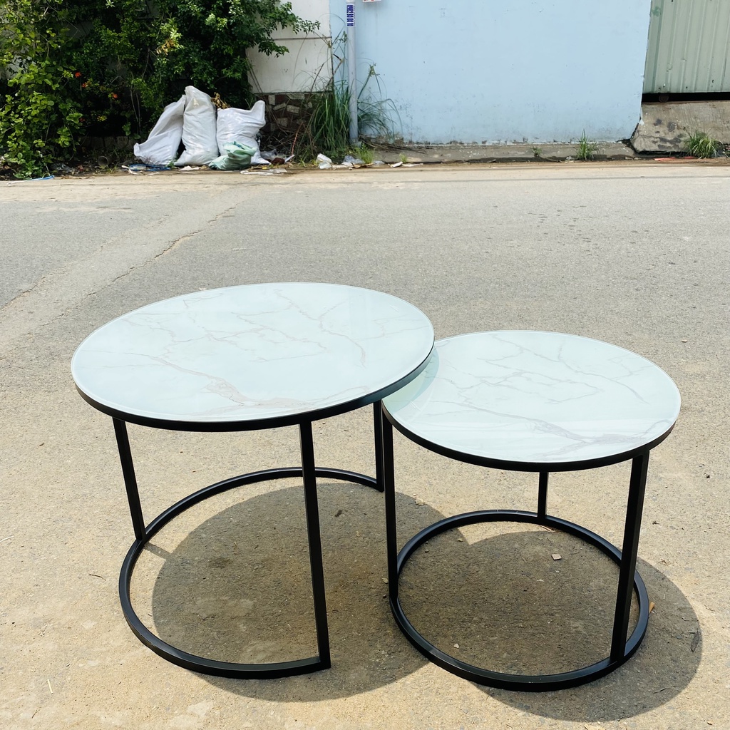 Bàn trà, bàn sofa mẫu đôi tròn 16 mặt kính cường lực 3D vân mây chân sắt sơn đen