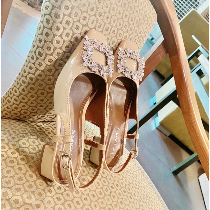 Giày cao gót nữ  3 phân mũi vuông kiểu dáng slingback phối nơ đá cao cấp phong cách Hàn quốc _AMIN3005XBND