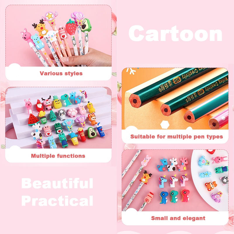 Bộ 5 Nắp Đậy Bút Chì/ Phụ Kiện Bút Bằng Silicon Mềm Hình Động Vật Hoạt Hình Sáng Tạo