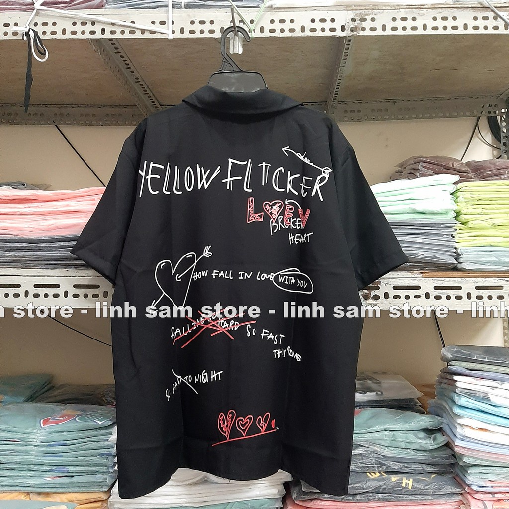 Áo sơ mi nữ cổ bẻ có túi tay lỡ dáng ulzzang freesize form rộng unisex in chữ yellow flicker LOVER