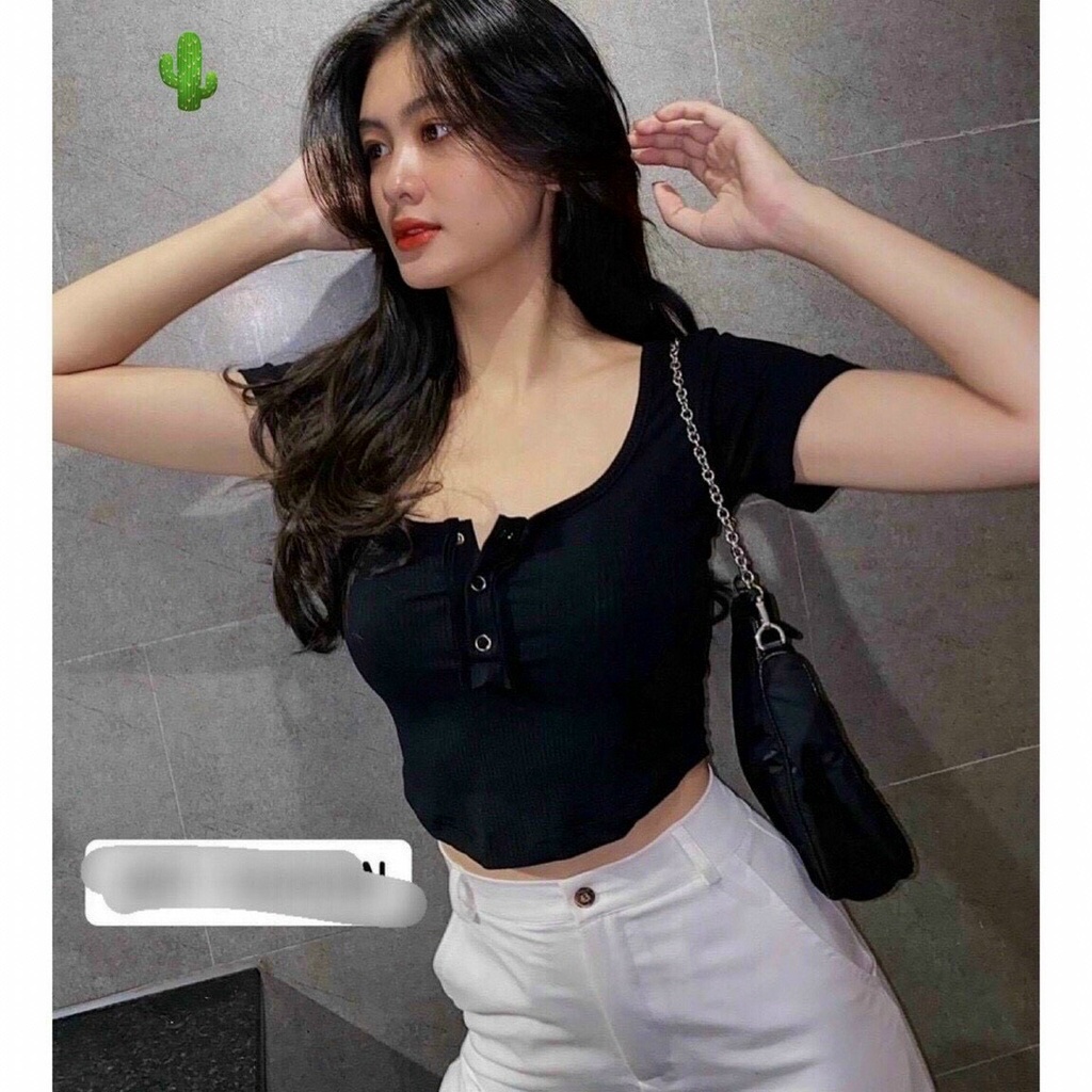Áo kiểu croptop cổ vuông nút bấm vạt bầu cực xinh , chất thun bozip mềm mịn