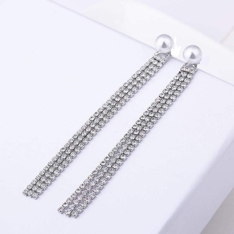 bông tai tua rua dài đính đá, khuyên tai 3 sợi dây dài cá tính