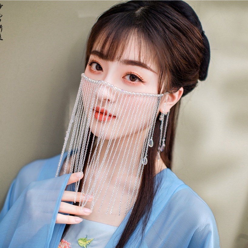 GETNOIVAS Mạng che mặt đính hạt nhiều màu kiểu tua rua dáng dài phong cách Trung Hoa cổ điển dành cho nữ