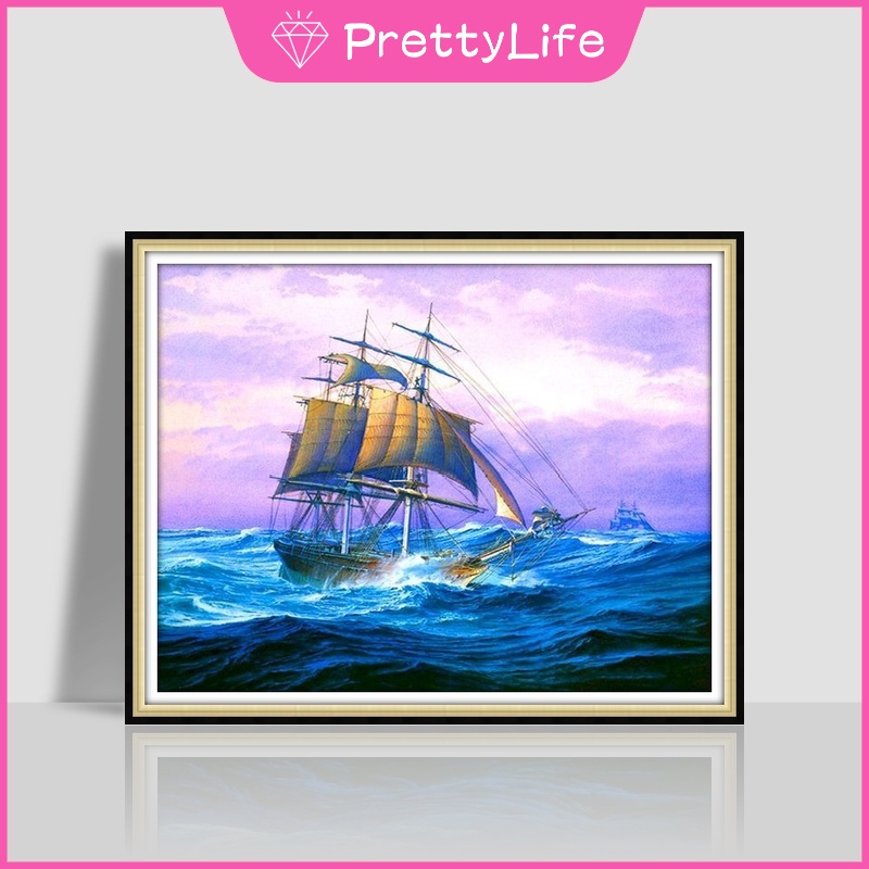 Bộ Tranh Đính Đá 5D Tự Làm 50X40Cm Hình Thuyền Buồm Trang Trí Nhà Cửa