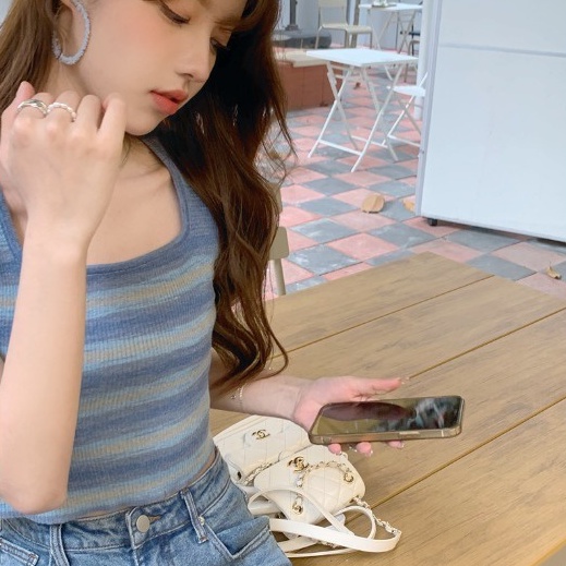 Áo thun ZHELIHANGFEI dệt kim ngắn tay họa tiết kẻ sọc phong cách quyến rũ