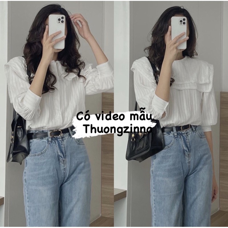 [Ảnh thật/Video] Áo Sơ Mi Hàn Quốc Cổ Sen xếp tầng Áo sơ mi Dài Tay Dáng Suông