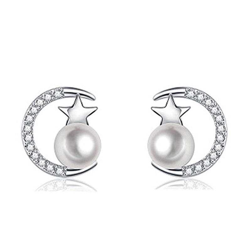 Bông Tai Bạc 925 Hình Trăng Sao Đính Ngọc Trai Lấp Lánh Phong Cách Hàn Quốc Thời Trang Cho Nữ-S1