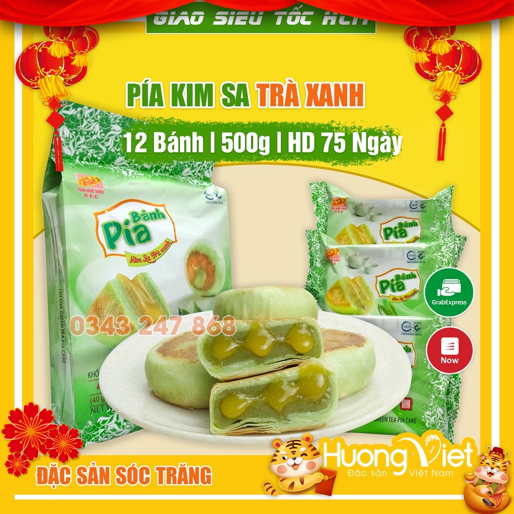 Bánh pía kim sa trà xanh tan chảy 500g, bánh pía Tân Huê Viên Sóc Trăng không sầu riêng [TÚI 12 BÁNH]