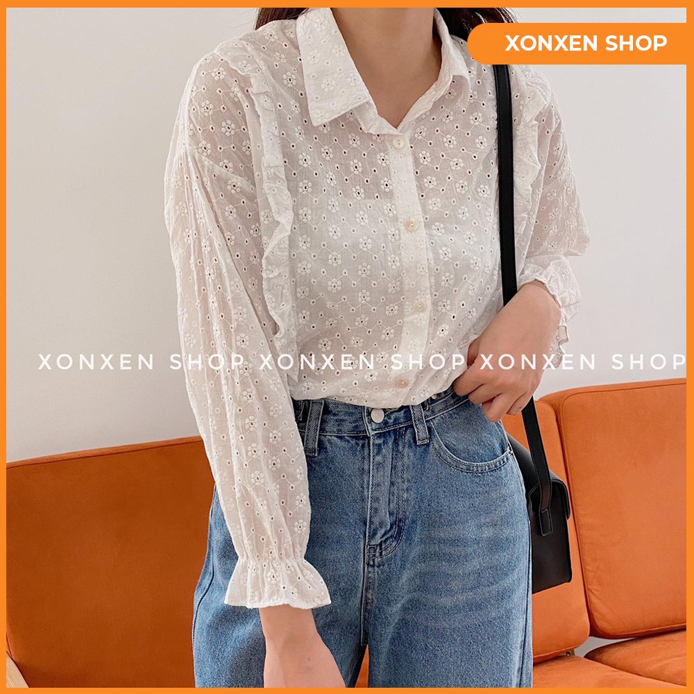 Áo kiểu nữ dài tay phối bèo, chất vải xô mềm FREESIZE.