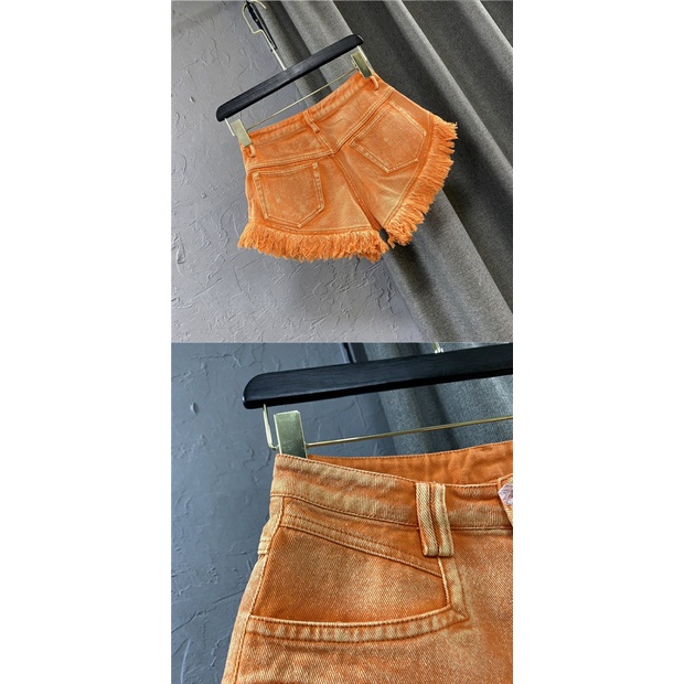 European foreign-style orange super-A fried street denim shorts summer size new Korean version skinny super-long tassel hot pants