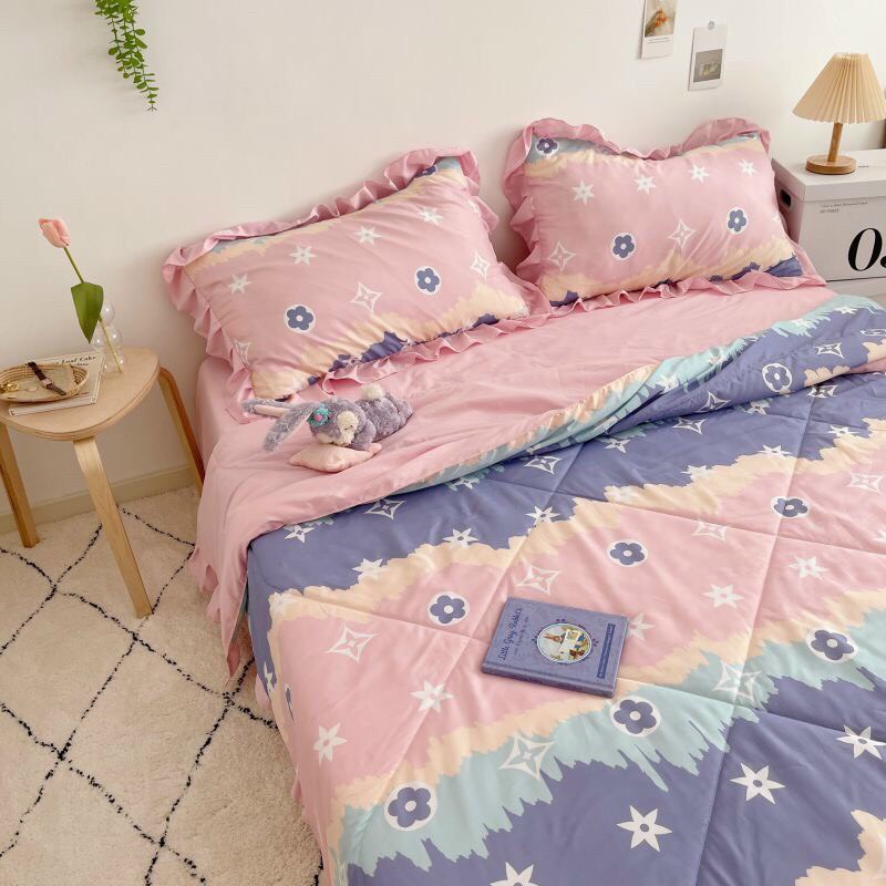 Bộ chăn ga gối drap giường nhập khẩu cao cấp chất vải đũi viền bèo - Chăn hè trần bông họa tiết LV loang màu