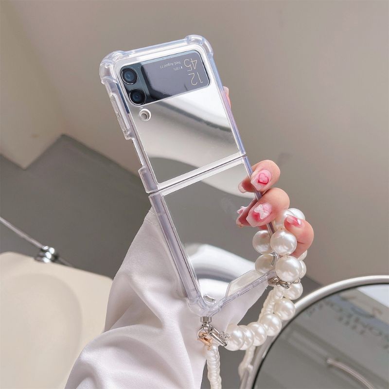 Ốp Samsung Galaxy Z Flip5 - Z Flip 4 - ZFlip3 - Flip4 5G tráng gương kèm combo 2 dây ngọc đơn giản sang trọn