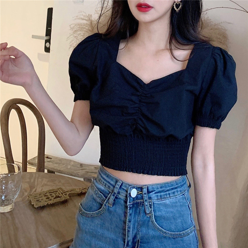 áo thun tay lỡ áo croptop áo sơ mi ngắn tay áo sơ mi nữ Áo Kiểu Tay Phồng Cổ Vuông Xinh Xắn Thời Trang Dành Cho Nữ