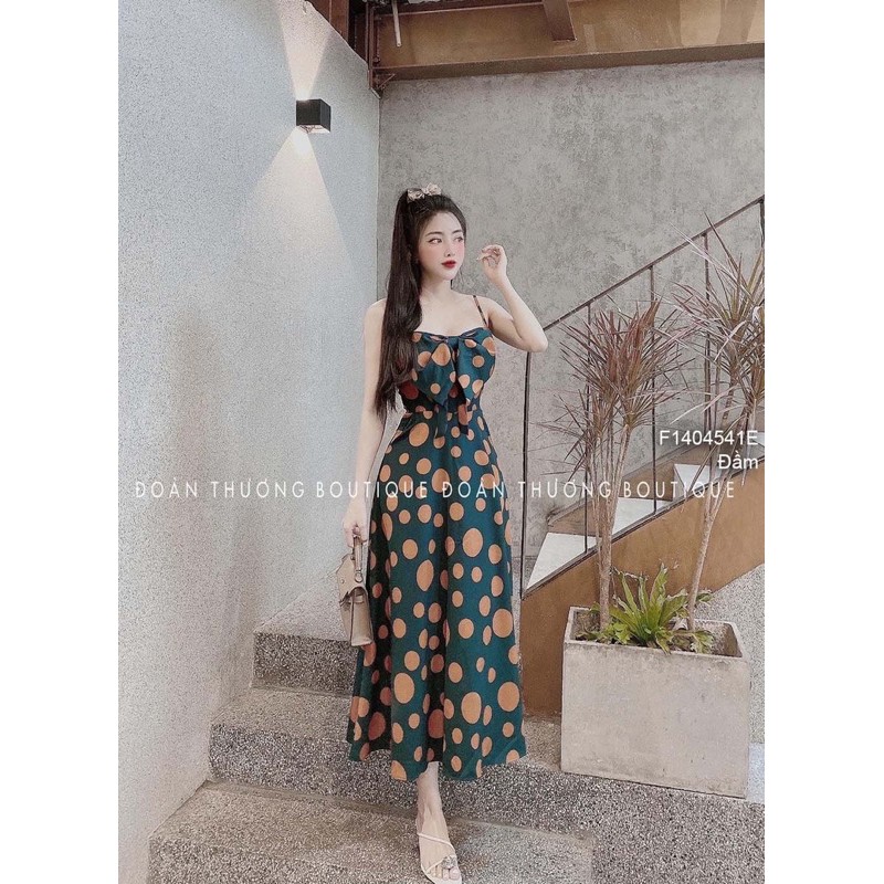 Đầm maxi chấm bi dáng xòe phối nơ ngực 2 dây! | BigBuy360 - bigbuy360.vn