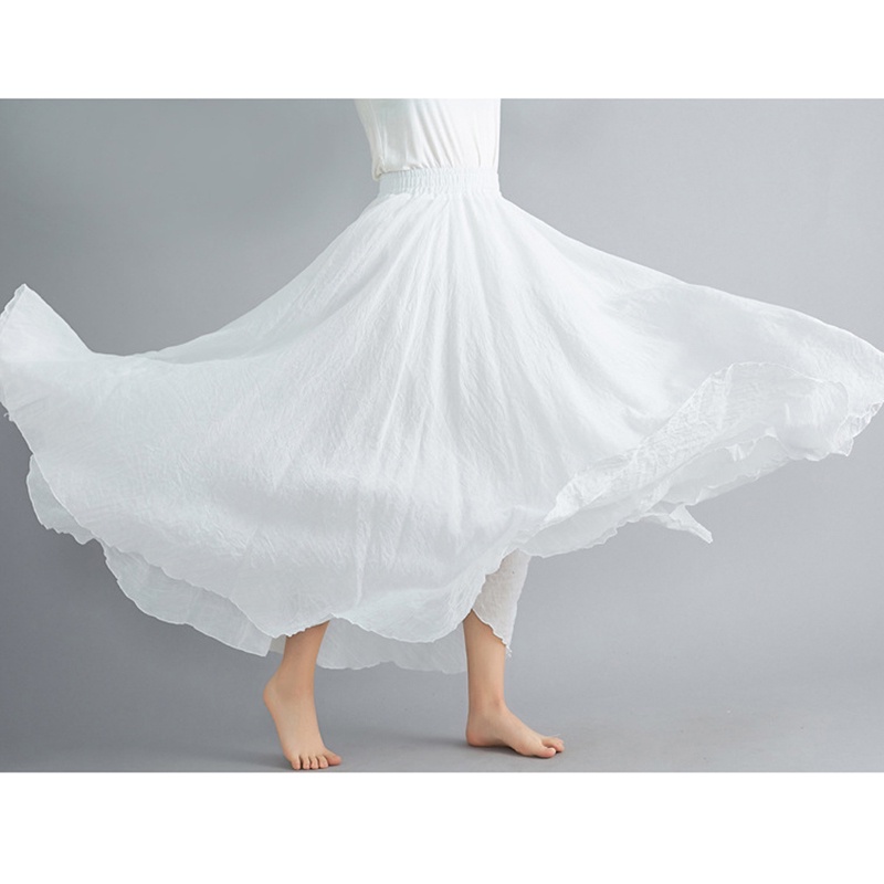 Women Double Layer Linen Maxi Skirt Pleated Vintage Boho Maxi Long Casual Cotton Beach Skirt Dress