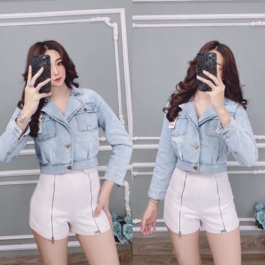 Áo Khoác Bò Jeans Lửng Croptop Nữ Cao Cấp Cổ Vest Túi Hộp Đậm Chất Thời Trang - Hàng có sẵn