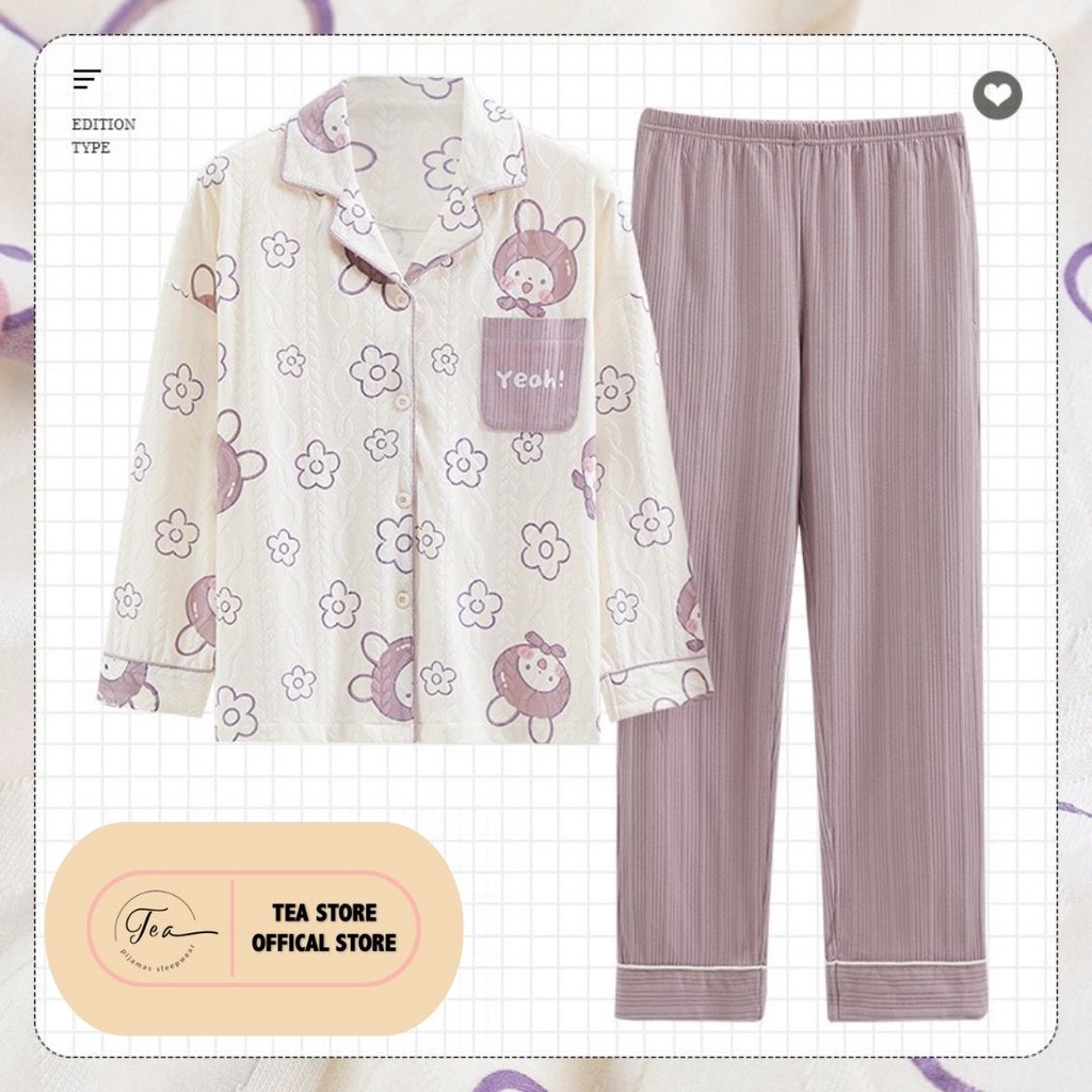 Bộ mặc nhà Pyjama Tea Store cotton có sẵn SLL dài tay họa tiết dễ thương 3