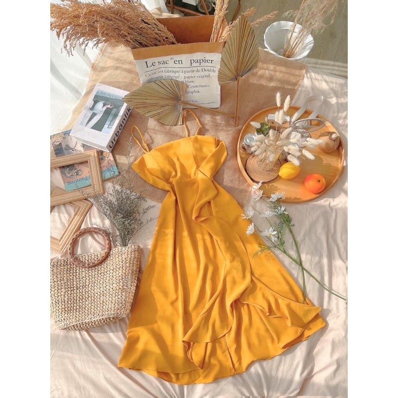 Đầm 2 dây nữ nhún bèo kết hợp kèm áo thun đi chơi, du lịch cực đẹp | BigBuy360 - bigbuy360.vn