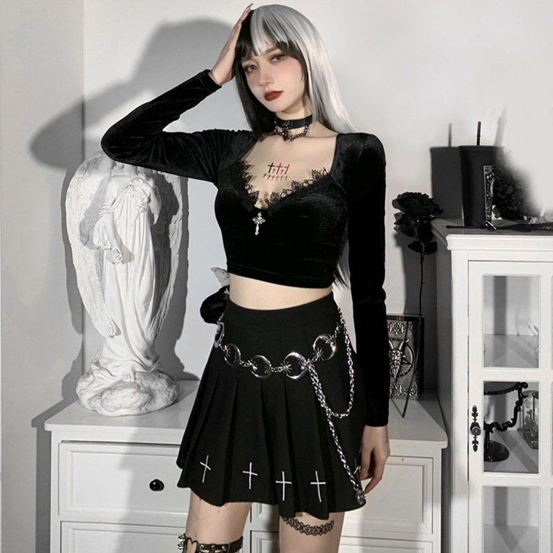 Áo Croptop Nhung Tay Dài Cổ Chữ V Khoét Sâu Gợi Cảm Cho Nữ