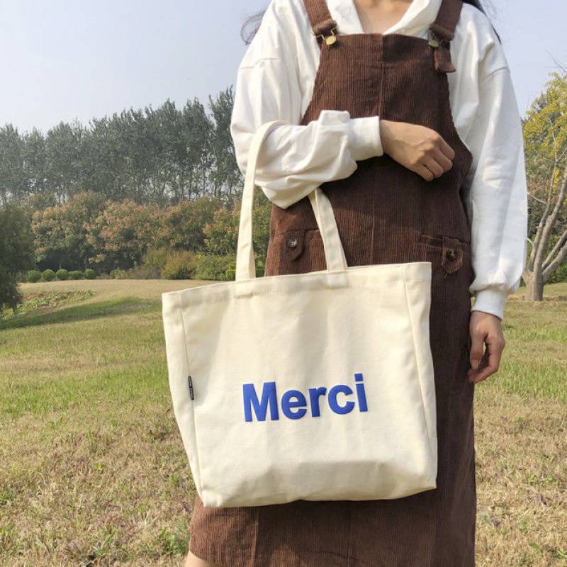 Túi Tote Vải Canvas Nữ Merci phong cách Ulzzang Có Khóa Kéo chất liệu dày dặn