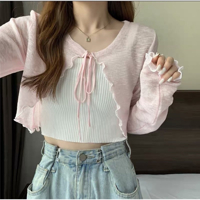 áo len khoác cardigan mỏng kiểu buộc nơ - màu pastel xinh iu - KO KÈM 2 DÂY (605#) | BigBuy360 - bigbuy360.vn