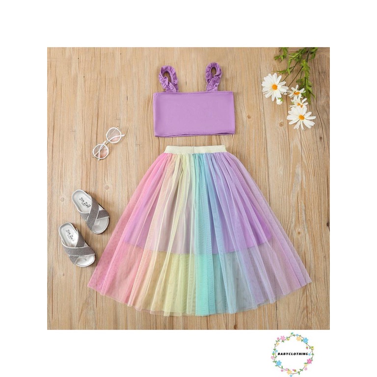 Babyclothes-áo Tanks + Chân Váy Lưới Lưng Thun Hình Hoa Hướng Dương / Cầu Vồng Phong Cách Ngọt Ngào Thời Trang Mùa Hè