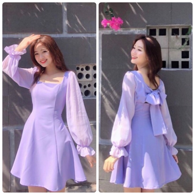 ĐẦM TÍM CỔ VUÔNG NƠ LƯNG