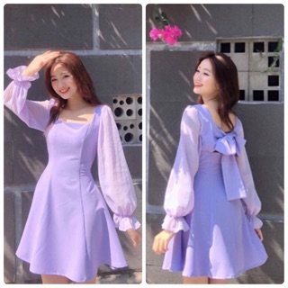 Đầm tím cổ vuông nơ lưng