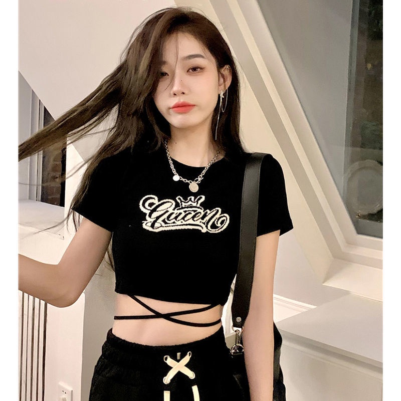 Áo thun COZOKC dệt kim tay ngắn dáng ôm cột dây in chữ thời trang cho nữ