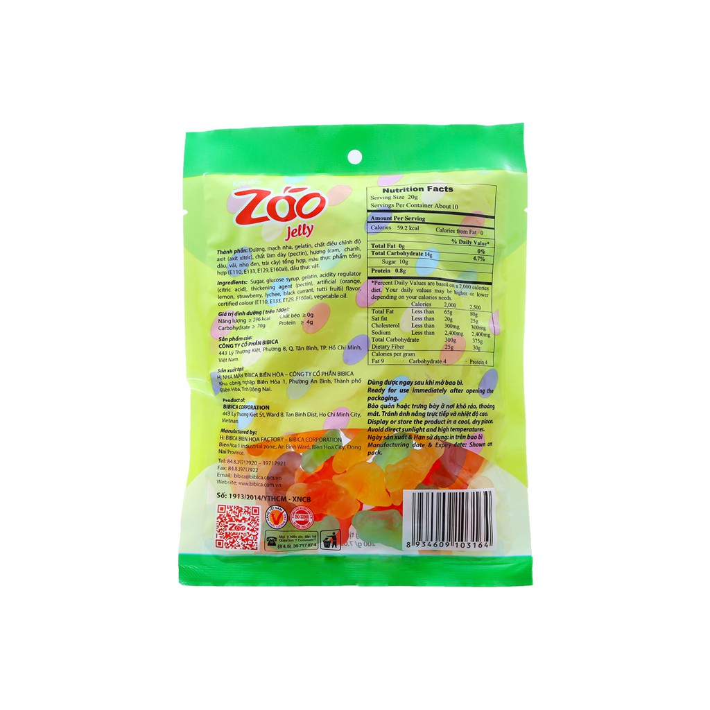 Kẹo dẻo chíp chíp Bibica Zoo Jelly vị Dâu/Cam/Nho/Vải/Chanh/Trái cây gói 100g và 200g