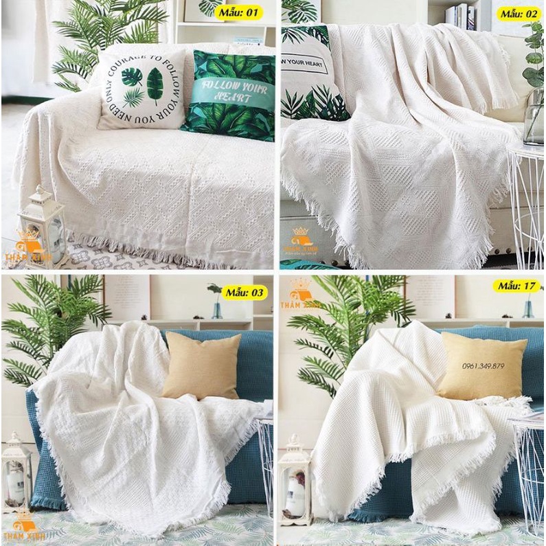 [CÓ SẴN] 4 mẫu Khăn thảm màu Trắng phủ Sofa chống bụi bẩn, Mền đắp thư giãn đầy đủ kích thước