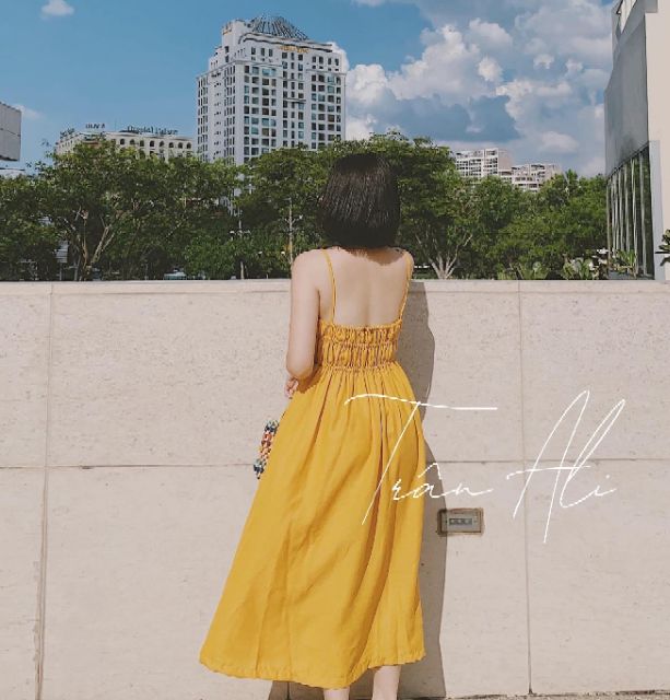 Váy 2 dây chun ngực khuy ngọc