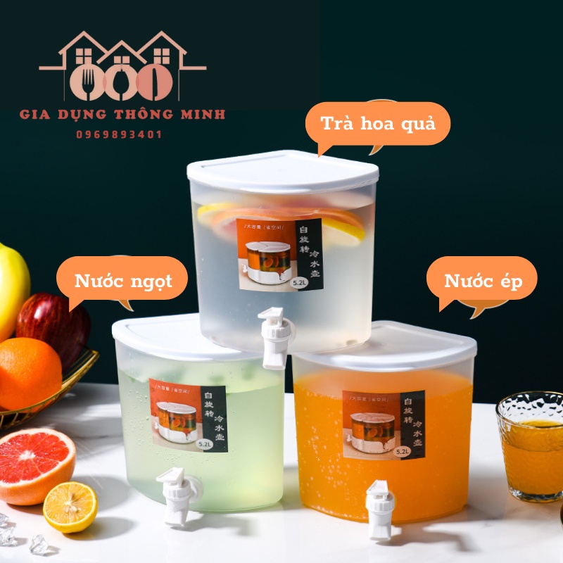Bình nước 3 ngăn đế xoay 360 độ, có nắp đậy tiện lợi, dung tích 5.2L
