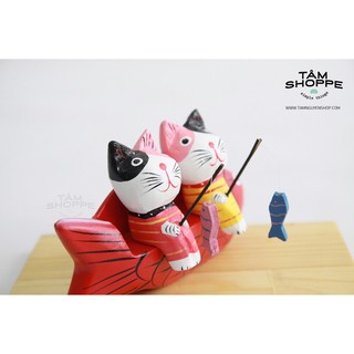 Bộ 2 mèo gỗ câu cá ngồi ghế cá chép