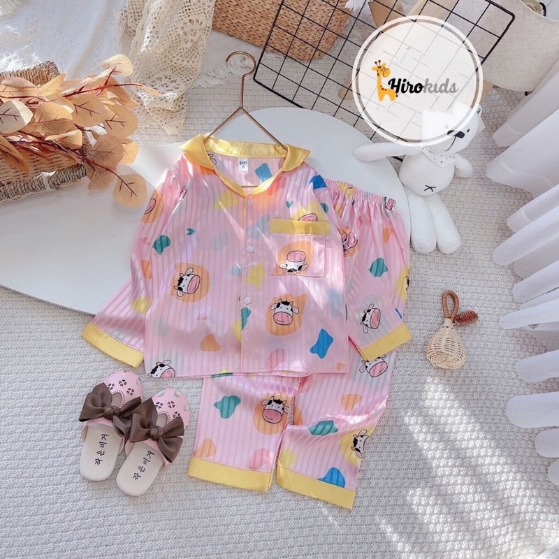 Bộ ngủ pijama chất lụa gấm hoạ tiết đẹp cho bé trai, bé gái (14-28kg) - Hirokids