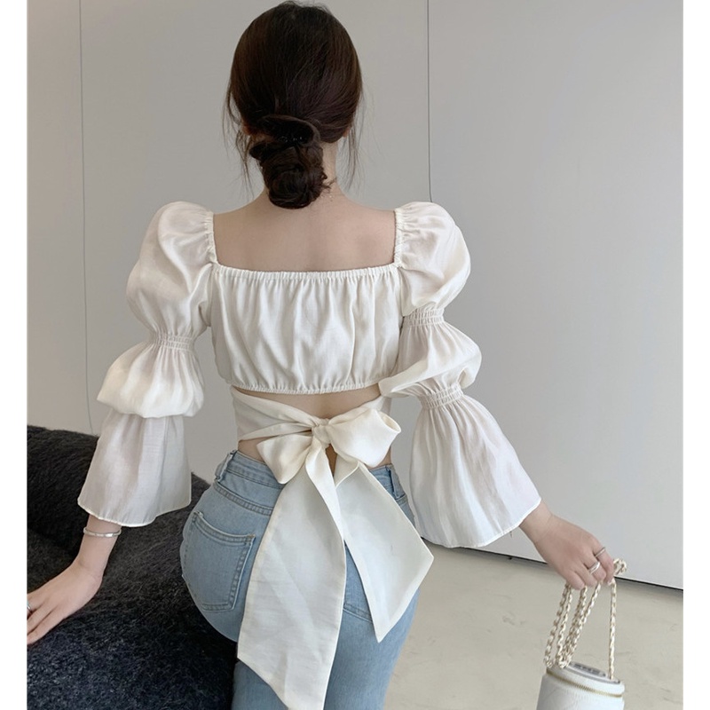 Áo Croptop Tay Loe Dài Phối Nơ Thiết Kế Hợp Thời Trang