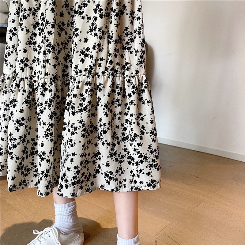SUXI Chân váy hoa chữ A lưng cao co giãn phong cách retro cho nữ
