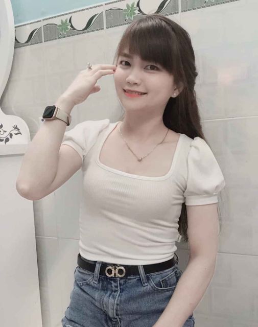 ÁO CROPTOP TAY PHỒNG CỔ VUÔNG CHẤT GÂN ĐẸP