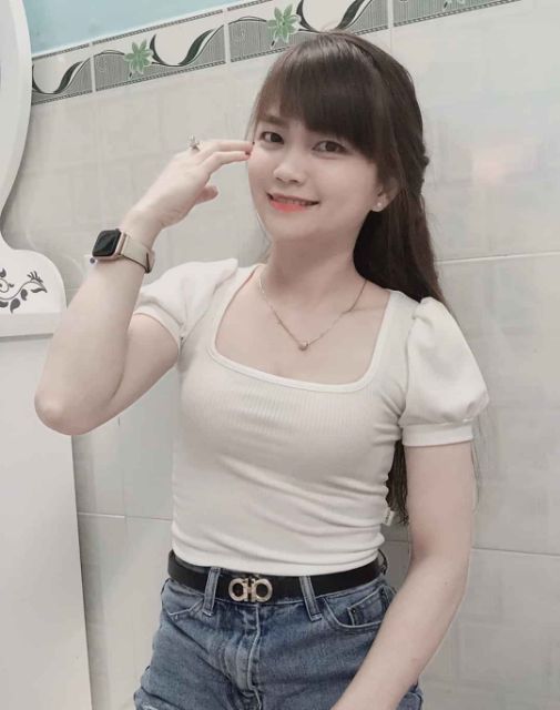 ÁO CROPTOP TAY PHỒNG CỔ VUÔNG CHẤT GÂN ĐẸP L1-1