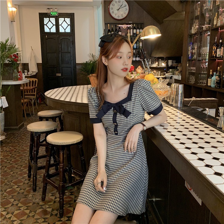 Đầm Cổ Vuông Họa Tiết Sọc Caro Thời Trang Mùa Hè Phong Cách Hàn Quốc Cho Nữ