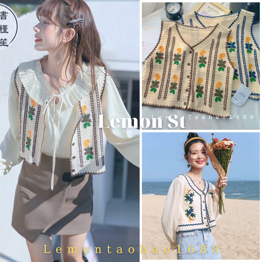 [ SẴN ] Áo Gile len móc thêu hoa, dài tay vintage Lemontaobao1688