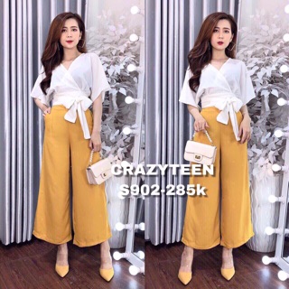 Sét bộ cổ tim tay búp cột nơ quần ống rộng dễ thương