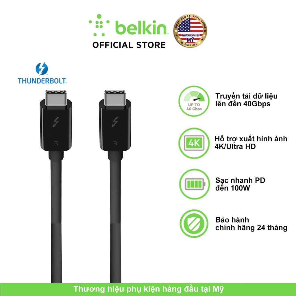 Cáp Thunderbolt 3 Belkin sạc 100W, truyền tải dữ liệu 40Gbps, xuất hình ảnh UHD 5k - BH đổi mới 2 năm - F2CD084BT0.8MBK