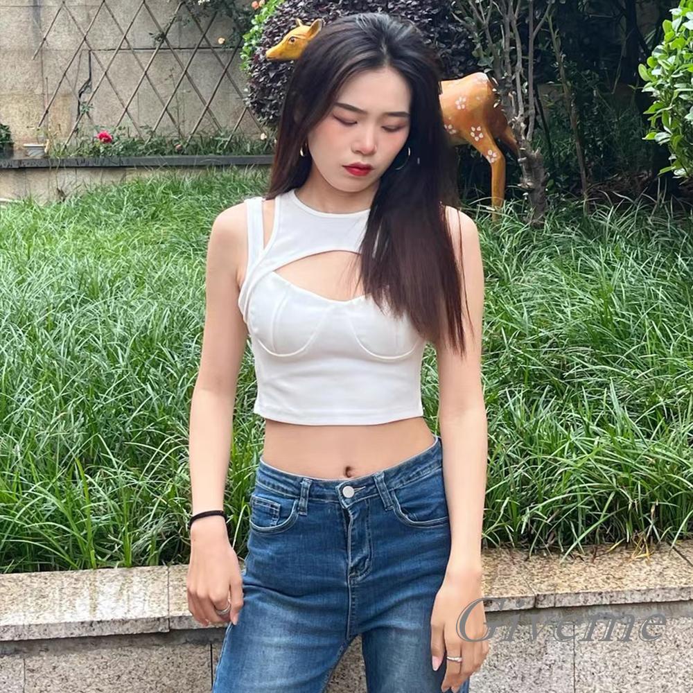 Áo Croptop Không Tay Cổ Tròn Màu Trơn Thiết Kế Khoét Lỗ Thời Trang Cho Nữ